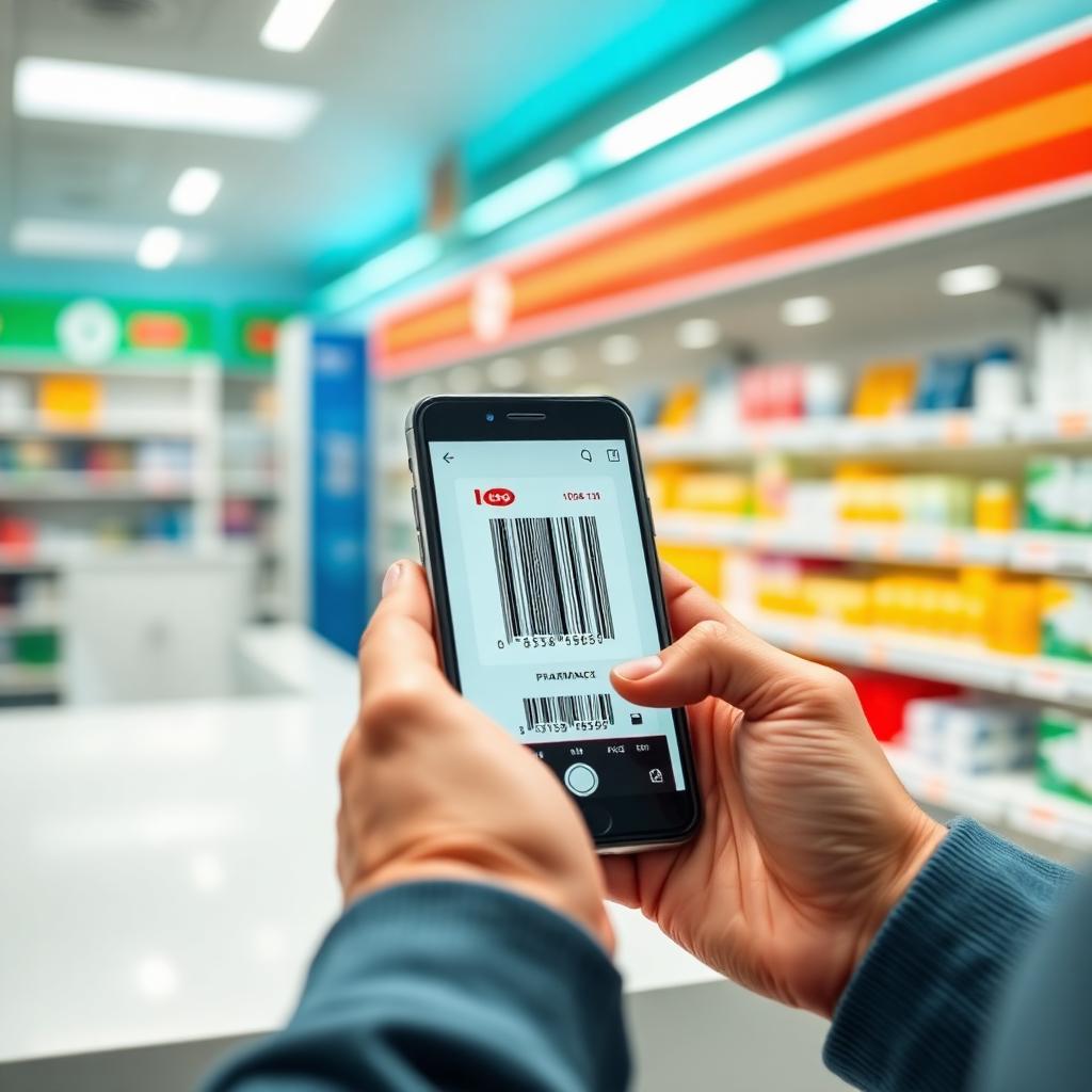 Colaborador escaneando remédio na farmácia com o app