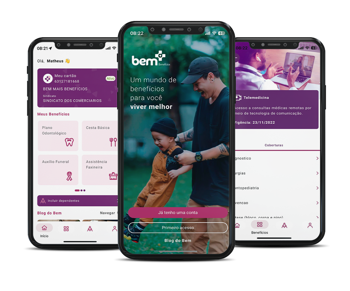 Aplicativo Bem Mais Benefícios em três celulares
